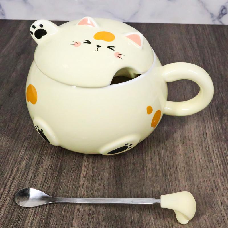 Whimsical Yellow Chubby Feline Kitty Cat Cup Mug With Lid And Stirring Spoon