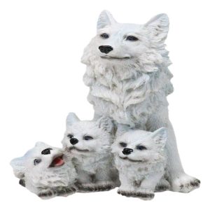 Winter Snow White Wolf Mother Sitting with 3 Adorable Cubs Family Figurine Decor