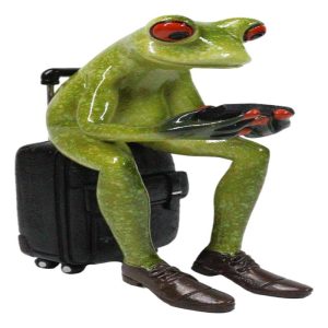 World Traveler Green Frog With Slack Shoes Sitting On Suit Case Luggage Figurine
