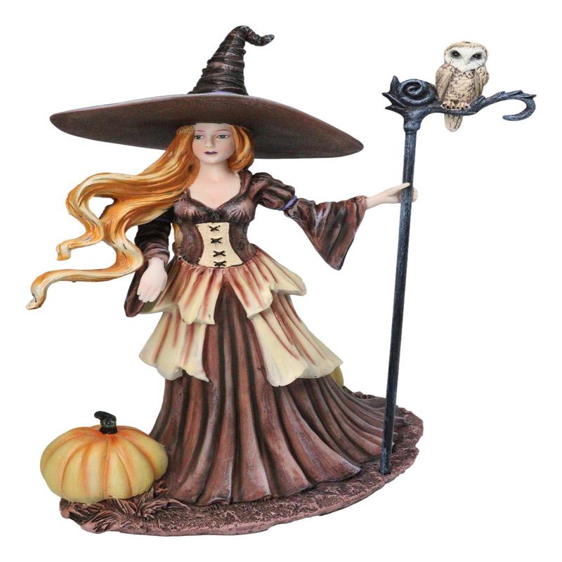 Amy Brown Halloween Pumpkin Owl Spell Autumn Witch With Magic Staff Sculpture