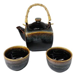 Artistic Black & Brown Waterfall Reactive Glaze 32oz Teapot With 2 Tea Cups Set