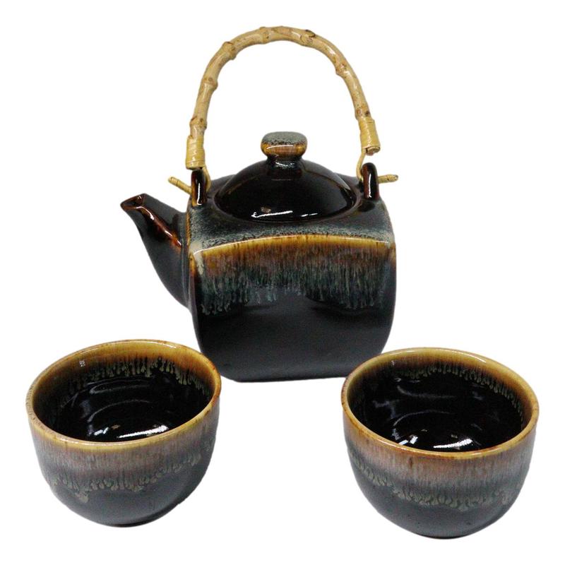 Artistic Black & Brown Waterfall Reactive Glaze 32oz Teapot With 2 Tea Cups Set