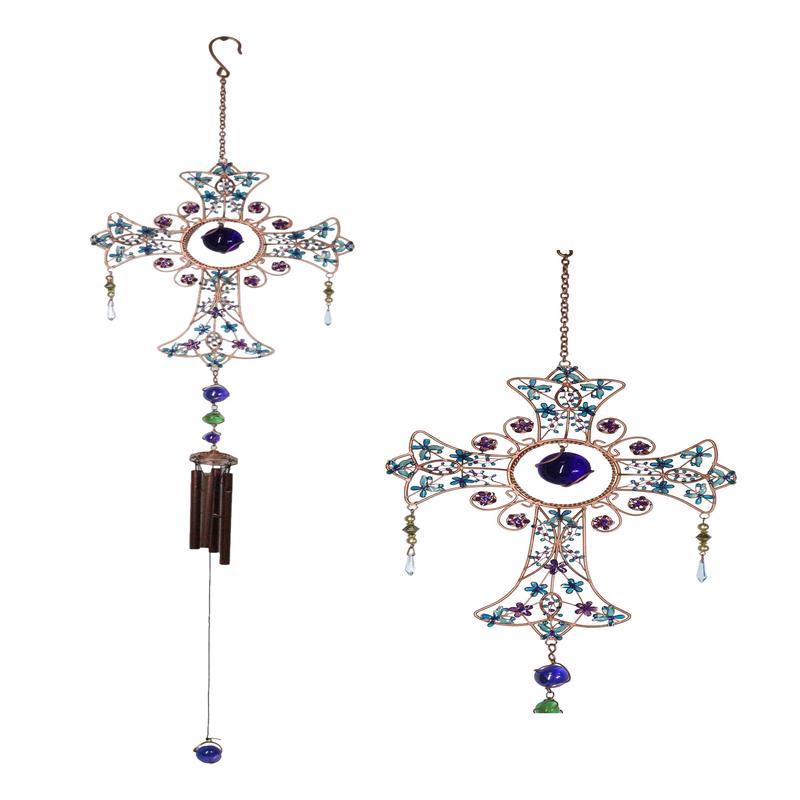 Blue Floral Scroll with Gemstones Christian Cross Art Glass Metal Wind Chime