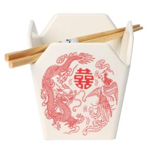 Dragon And Phoenix Feng Shui Takeout To Go Box Serving Bowl With Chopsticks Set