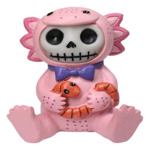 Furrybones Cute Pink Loti The Axolotl Holding Worm Skeleton Figurine Furry Bones