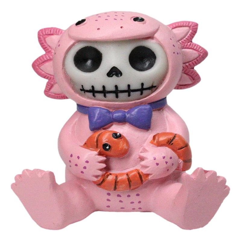 Furrybones Cute Pink Loti The Axolotl Holding Worm Skeleton Figurine Furry Bones
