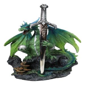 Green Dragon Holding Silver Orb And Draconian Sword Letter Opener Figurine