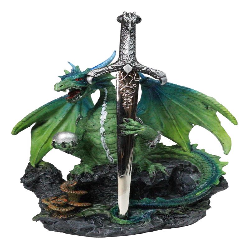 Green Dragon Holding Silver Orb And Draconian Sword Letter Opener Figurine
