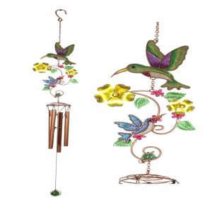 Hummingbirds Hovering Over Nectar Flowers Art Glass Gemstones Metal Wind Chime