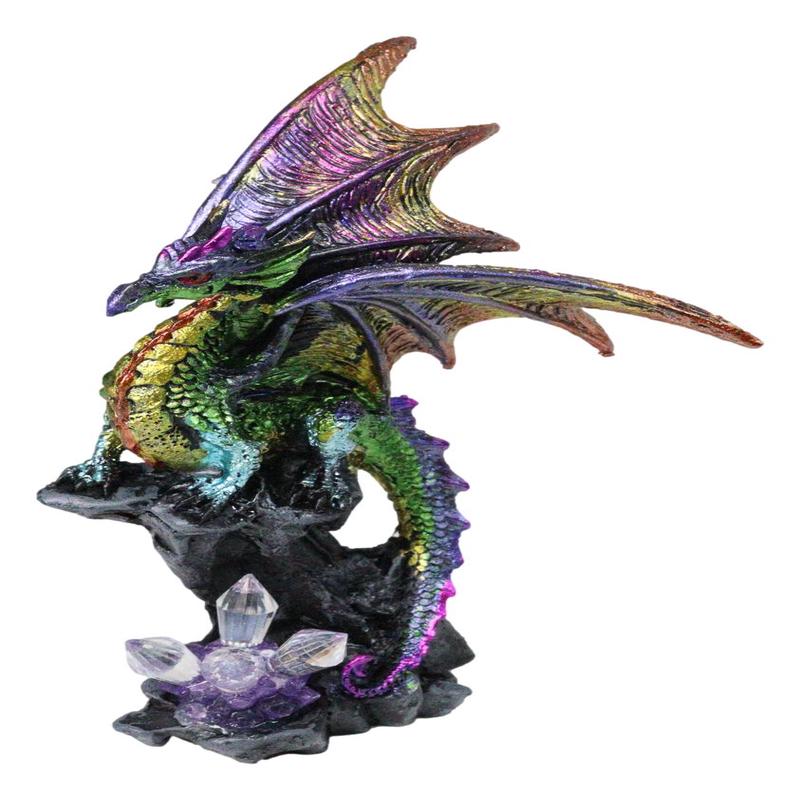 Iridescent Green Purple Dragon Perching On Cliff Rock with Crystals Figurine