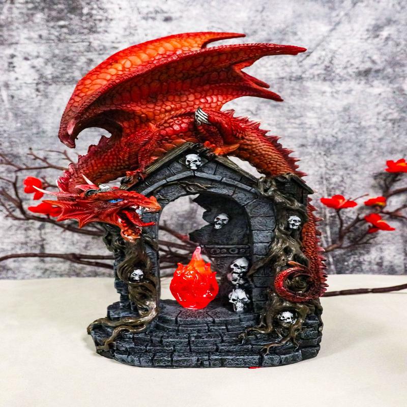Medieval Red Dragon On Gothic Cathedric Tomb With Skulls LED Fire Flame Figurine