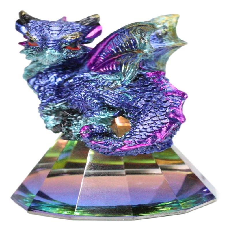 Metallic Blue Dragon Perching On Iridescent Pyramid Glass Small Figurine