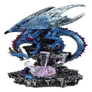 Metallic Blue Dragon with Magenta Spikes Guarding Bottle Ice Crystals Figurine