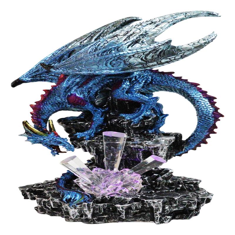 Metallic Blue Dragon with Magenta Spikes Guarding Bottle Ice Crystals Figurine