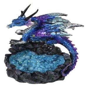 Metallic Blue Dragon with Purple Spikes Guarding Quartz Crystal Quarry Figurine