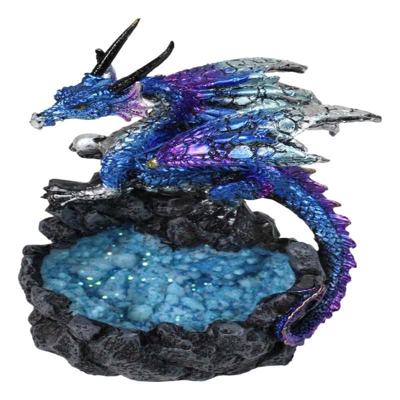 Metallic Blue Dragon with Purple Spikes Guarding Quartz Crystal Quarry Figurine