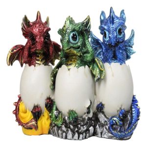 Metallic Colorful See Hear Speak No Evil Baby Dragon Hatchling in Eggs Figurines