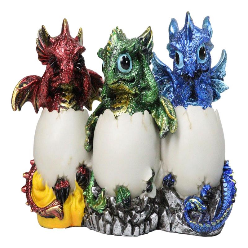 Metallic Colorful See Hear Speak No Evil Baby Dragon Hatchling in Eggs Figurines