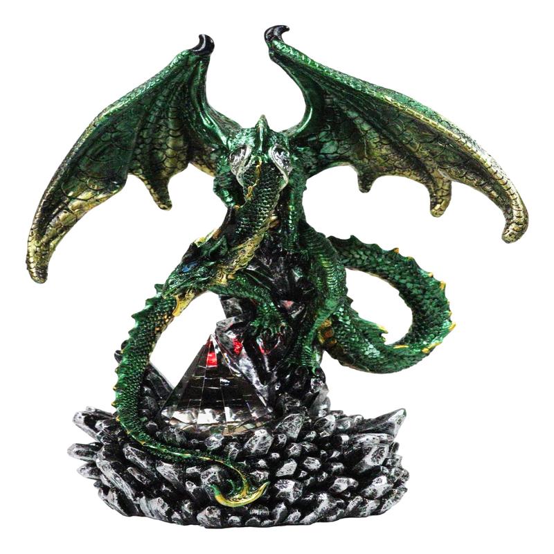 Metallic Green and Gold Rune Dragon Guarding Glass Prism Crystals Figurine 10"H