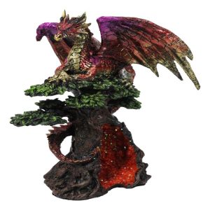 Metallic Red and Gold Dragon On Giant Tree With Faux Crystal Geode Core Figurine