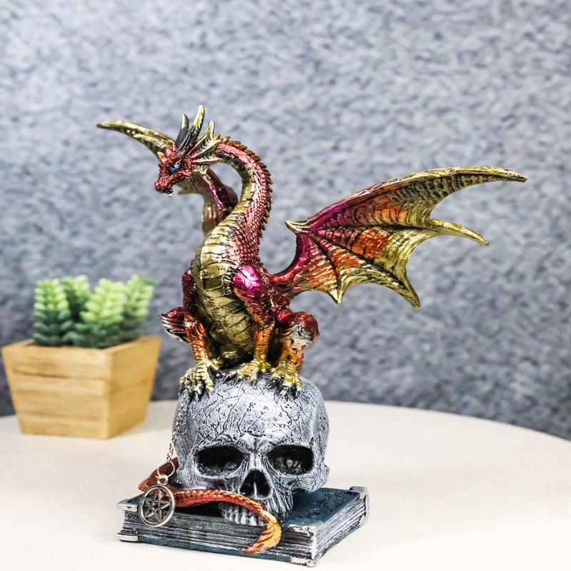 Metallic Red And Gold Dragon On Oversized Witch Skull With Pentagram Figurine