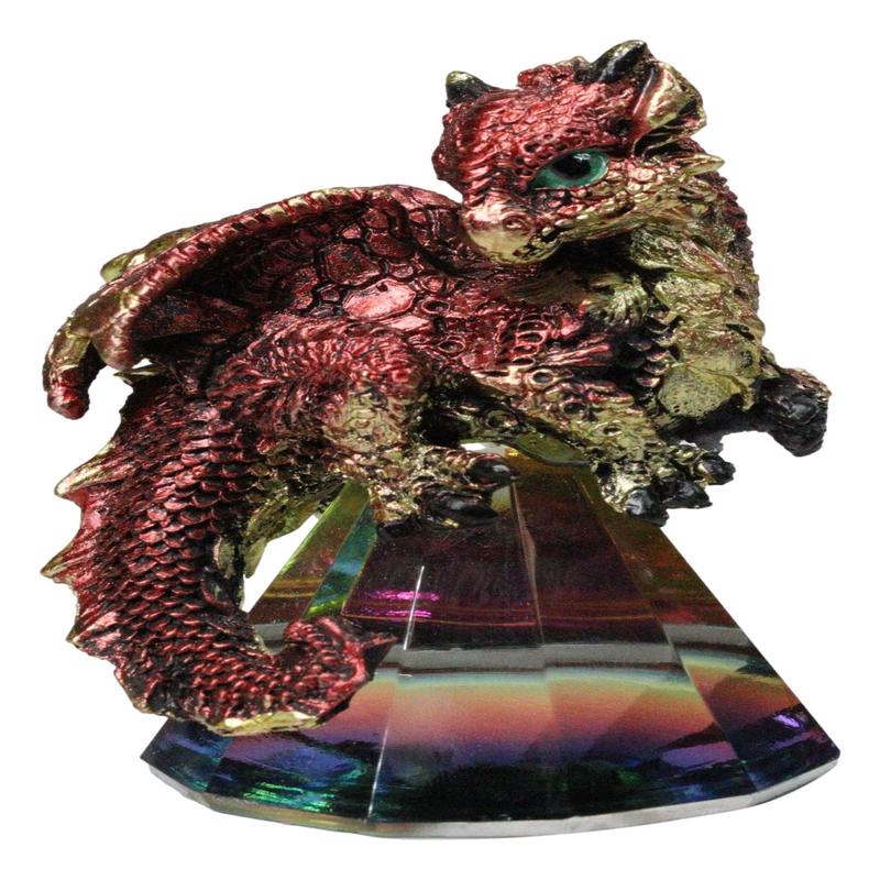 Metallic Red And Gold Dragon Perching On Iridescent Pyramid Glass Small Figurine