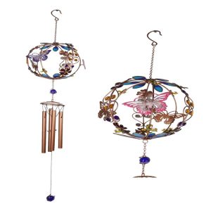 Monarch Butterflies by Floral Garden Globe Art Glass Gemstones Metal Wind Chime