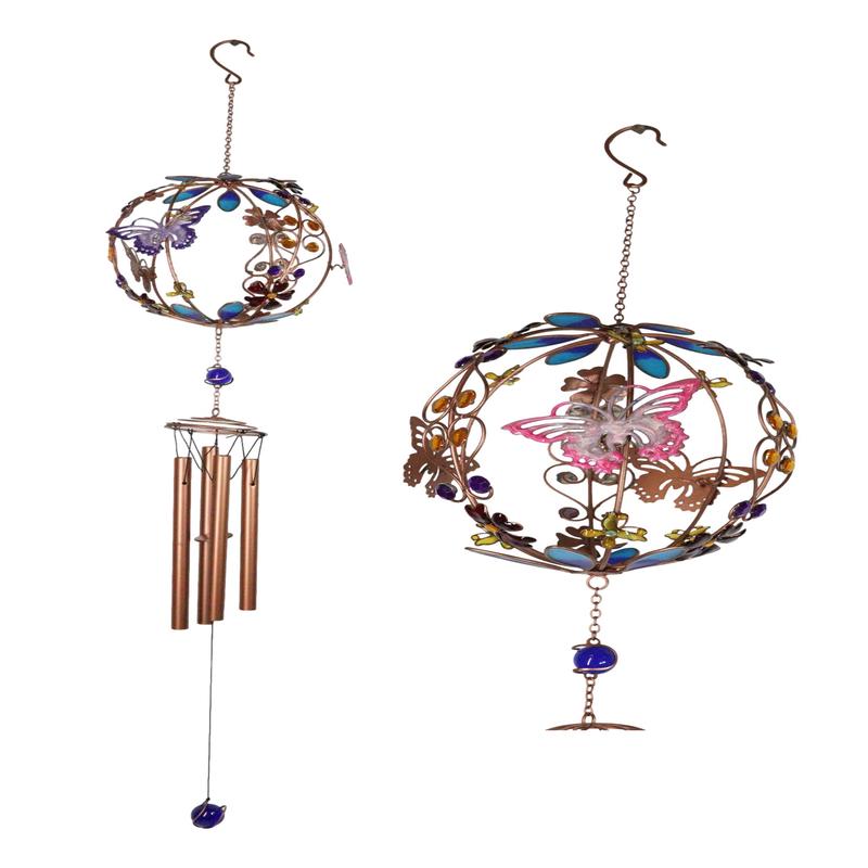 Monarch Butterflies by Floral Garden Globe Art Glass Gemstones Metal Wind Chime