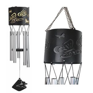 Monarch Butterlfy Cylindrical Steel Metal Filigree Hanging Solar Wind Chime