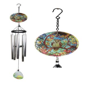 Mystical Great Horned Owl Colorful Art Glass Hanging Wind Chime With Metal Rods
