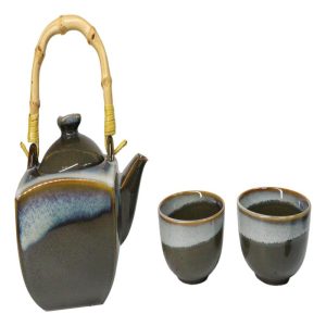 Olive Green White Sands Zen Fusion Reactive Glaze 32oz Teapot And 2 Tea Cups Set