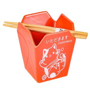 Orange Itadakimasu Lucky Cat Takeout To Go Box Serving Bowl With Chopsticks Set