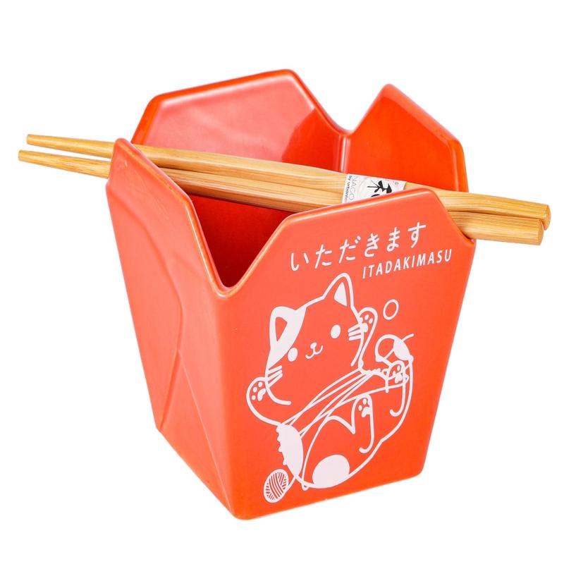 Orange Itadakimasu Lucky Cat Takeout To Go Box Serving Bowl With Chopsticks Set