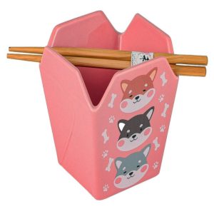 Pink Japanese Shiba Inu Dogs Takeout To Go Box Serving Bowl With Chopsticks Set
