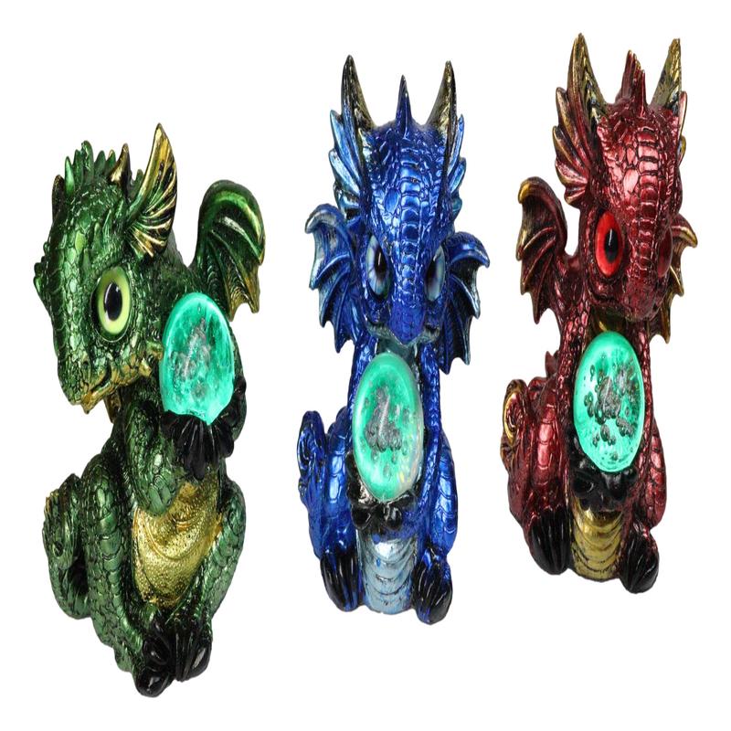 Red Blue and Green Baby Dragon Hatchlings Holding LED Glass Spheres Figurines