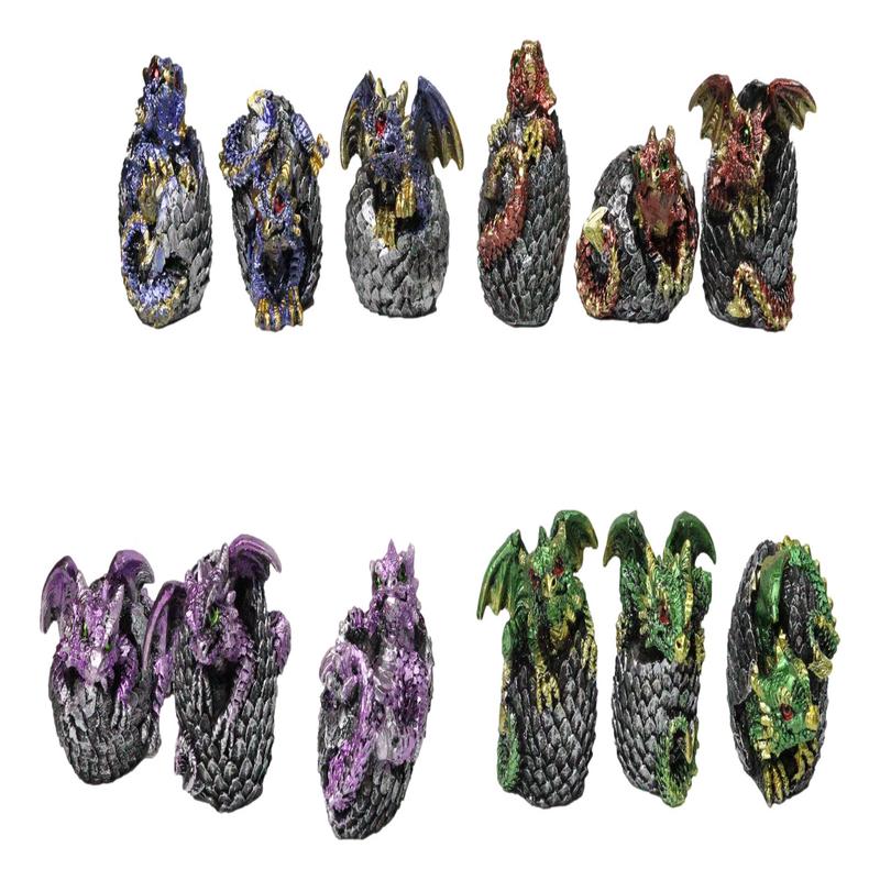 Set of 12 Metallic Red Green Purple Blue Baby Dragons In Eggs Mini Figurines