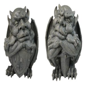 Set of 2 Gothic Notre Dame Gargoyle Shield And Sword Bearer Chimera Figurines