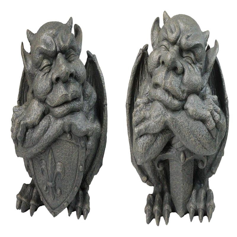 Set of 2 Gothic Notre Dame Gargoyle Shield And Sword Bearer Chimera Figurines