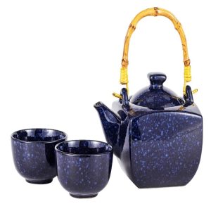Speckled Navy Blue Zen Fusion Reactive Glaze 32oz Teapot With 2 Tea Cups Set