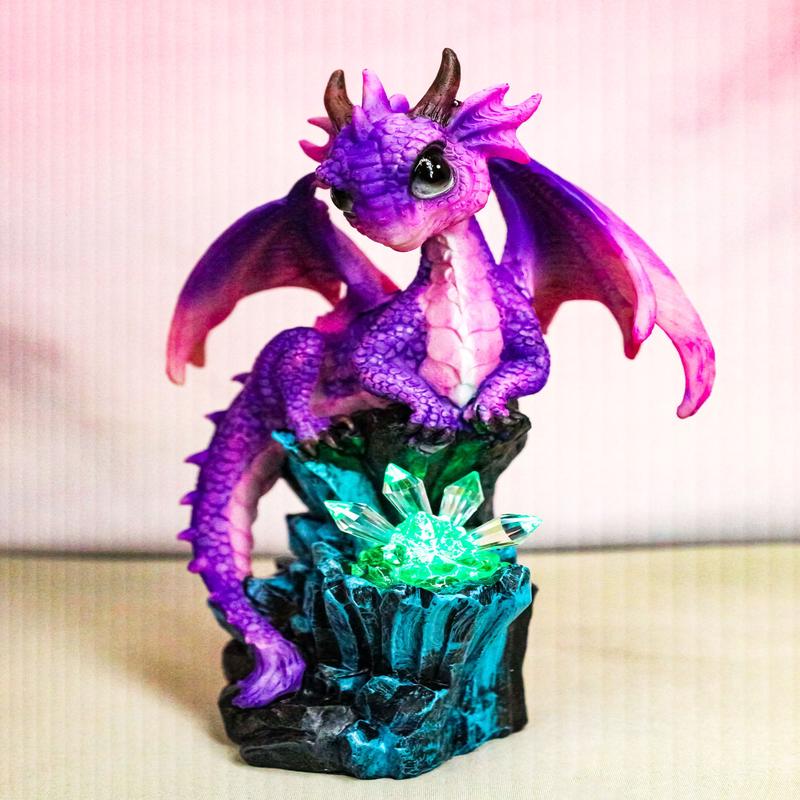 Whimsical Adorable Purple Dragon Perching On LED Crystal Cave Rocks Figurine