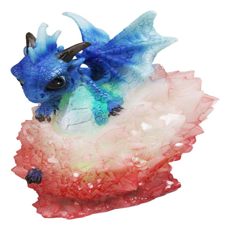 Whimsical Cute Blue Baby Dragon Hatchling in Crystal Icicle Red Egg Figurine