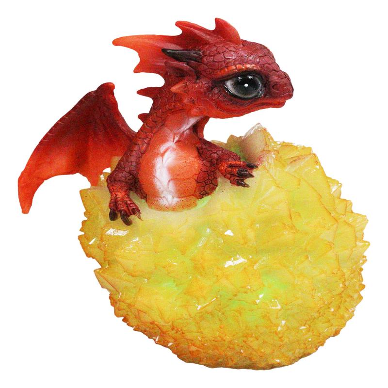 Whimsical Cute Red Baby Dragon Hatchling in Crystal Icicle Golden Egg Figurine