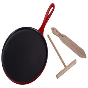 Le Creuset Cherry Enameled Cast Iron Crpe Pan with Rteau and Spatula