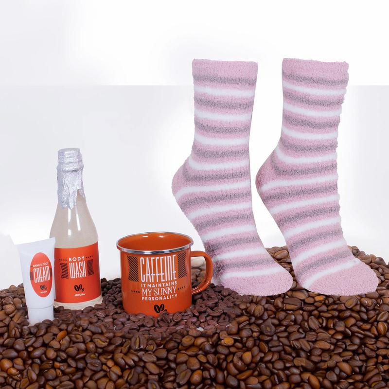 Aromasoles Campfire Mug Gift Set with Vanilla Infused Socks, Includes Camp Mug, Body Wash, Hand Cream