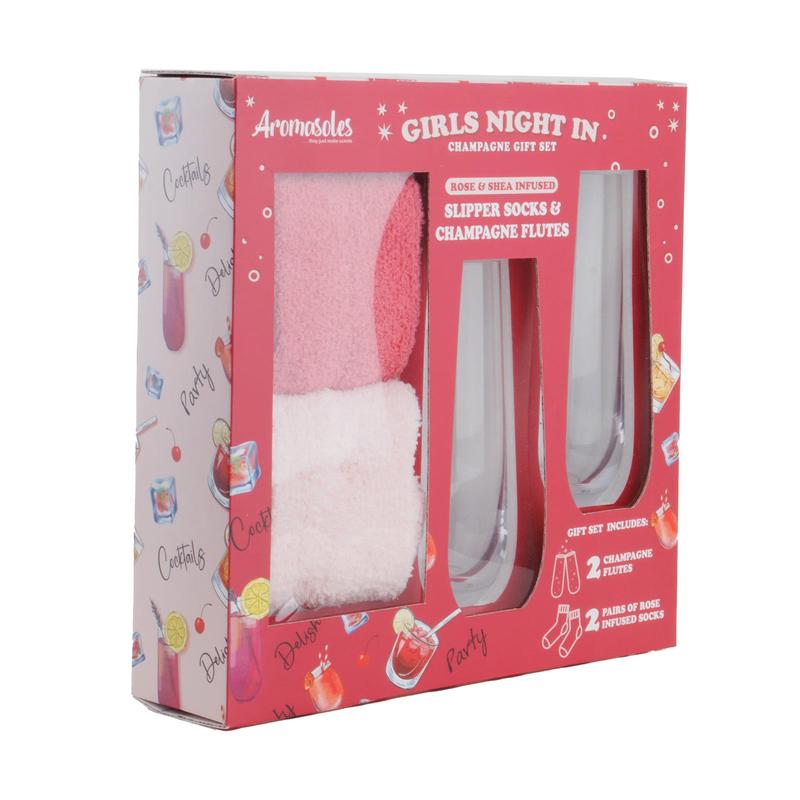 Aromasoles Champagne Dreams Gift Box Set, Rose & Shea Butter Infused Fluffy Socks with Champagne Flute Glasses