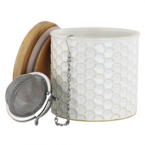 Chantal Honeycomb Tea Caddy w/ Bamboo Lid & Stainless  Tea Infuser, Glossy White