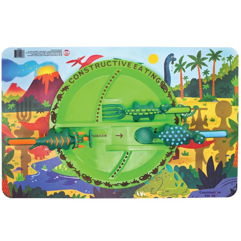 Constructive Eating Dinosaur Utensil, Divided Plate, and Placemat Set for Kids and Toddlers