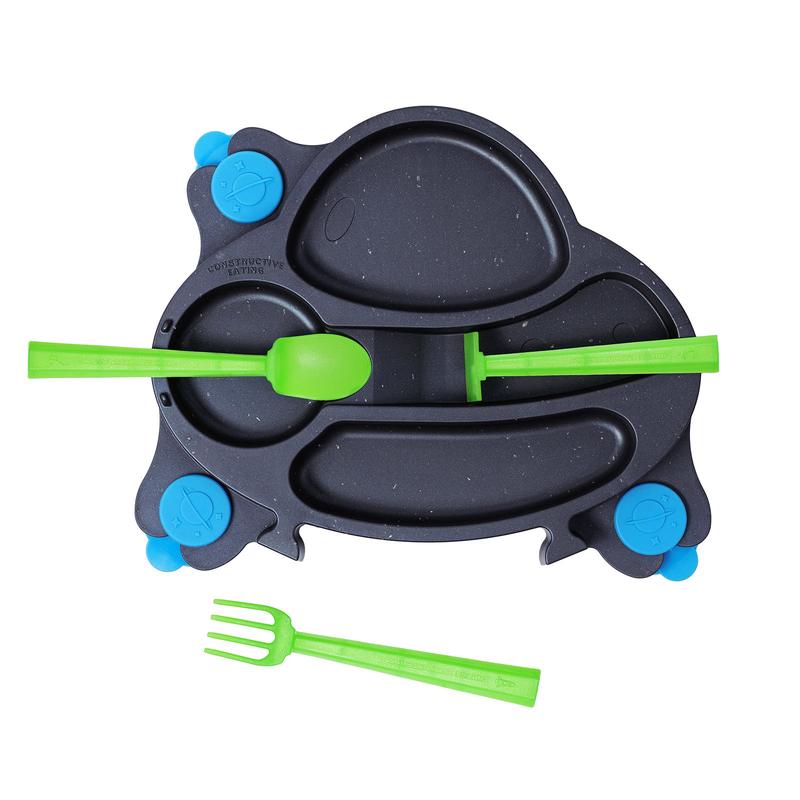Constructive Eating UFO Theme Divided Suction Training Plate and Utensils for Kids and Toddlers
