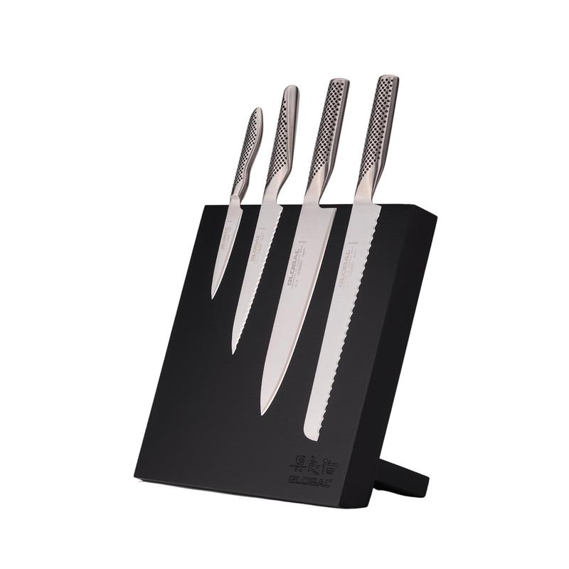 Global Bitoku Classic Essentials 5 Piece Knife Set with Magnetic Block, Rubberwood