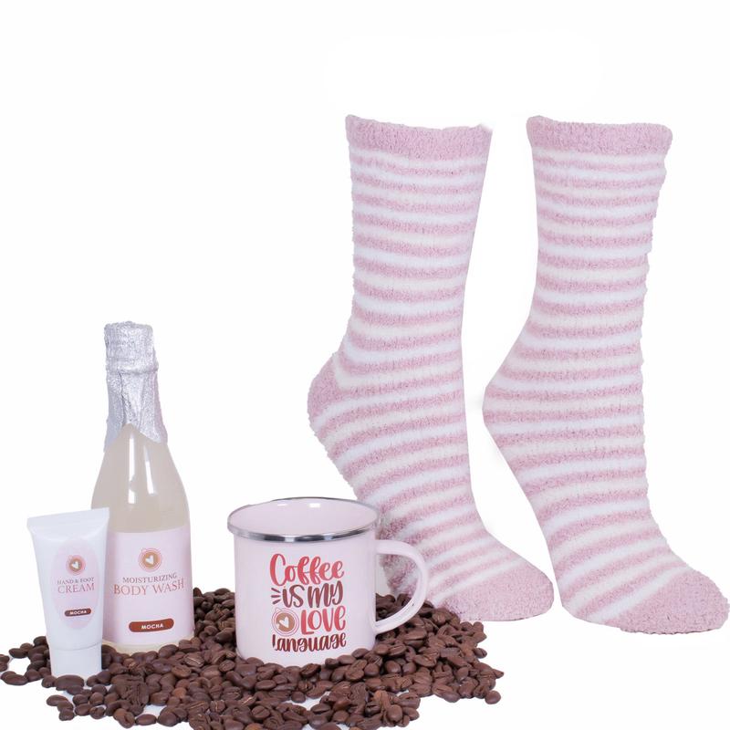 Aromasoles Coffee Lovers Spa Gift Set with Socks, Body Wash, Mug